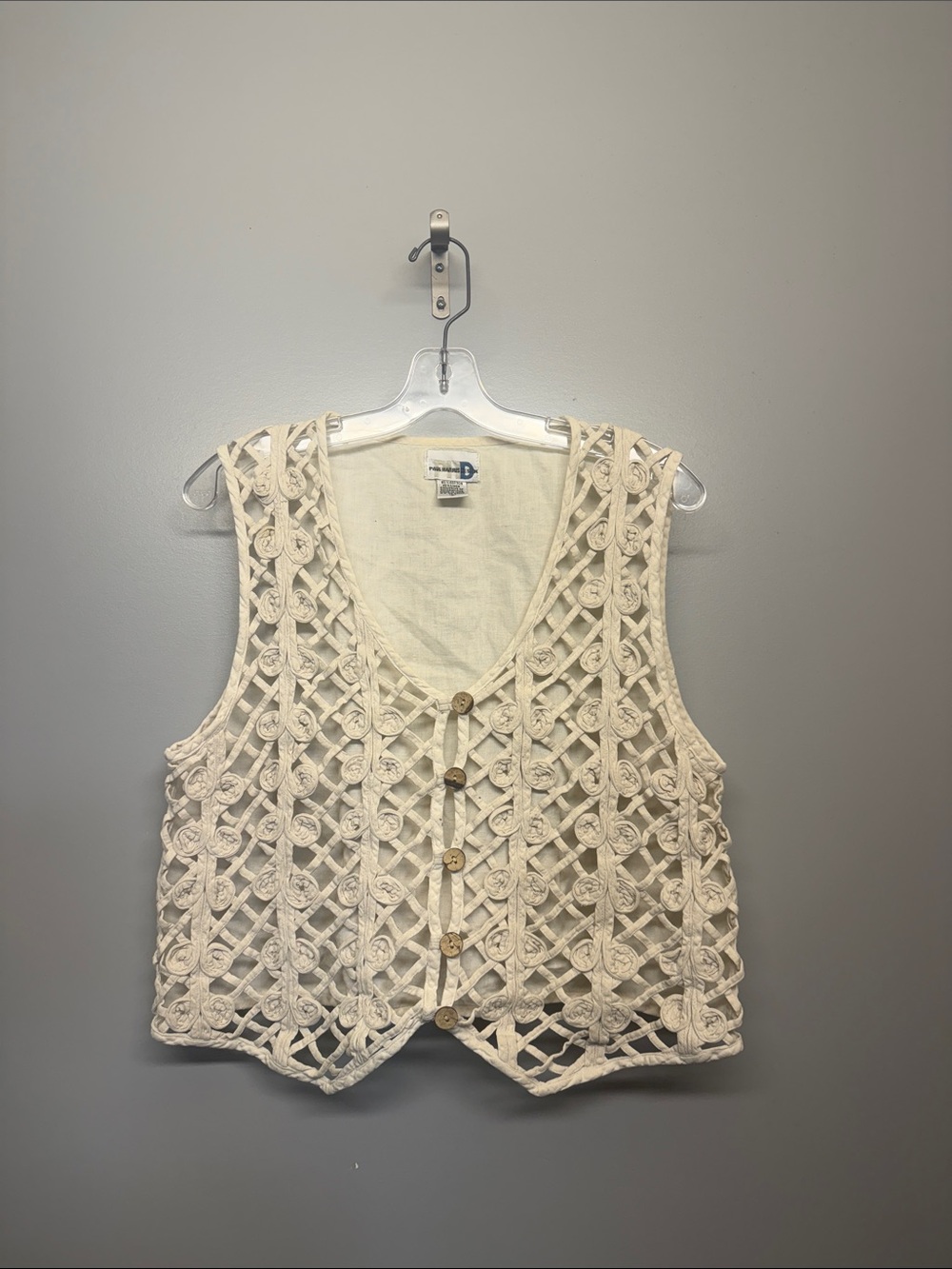 Vintage Paul Harris Design Linen Cream Crochet Lace Cork Button Front Vest